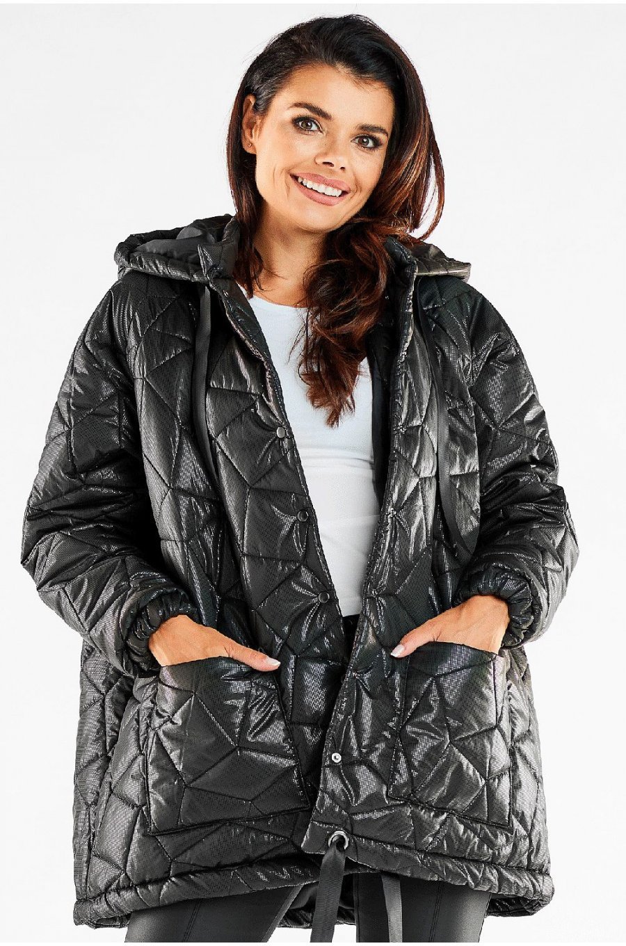 Geaca dama de iarna midi, matlasata, neagra, oversize, cu gluga, Aylar Geaca dama de iarna midi, matlasata, neagra, oversize, cu gluga, Aylar 1 - jojofashion.ro