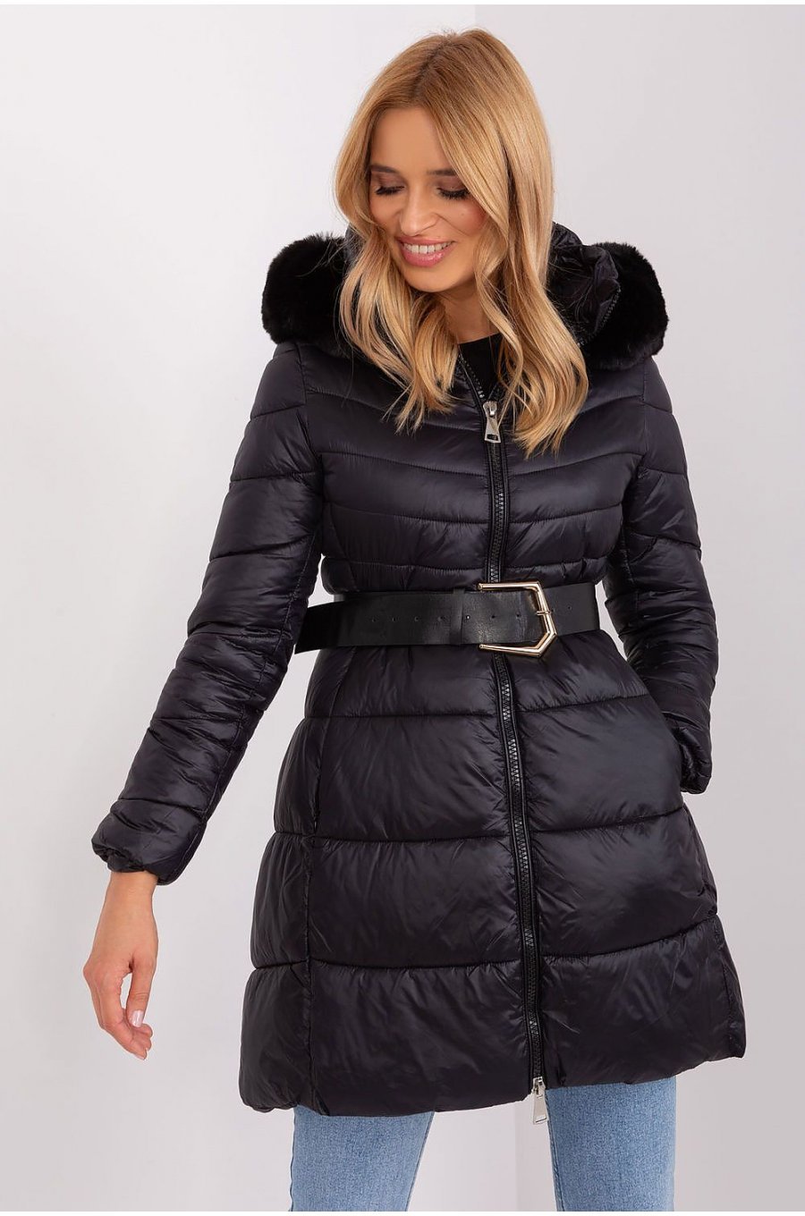 Geaca dama de iarna parka lunga, din nylon, neagra, matlasata, cu gluga si blanita, Siempre 1 - jojofashion.ro