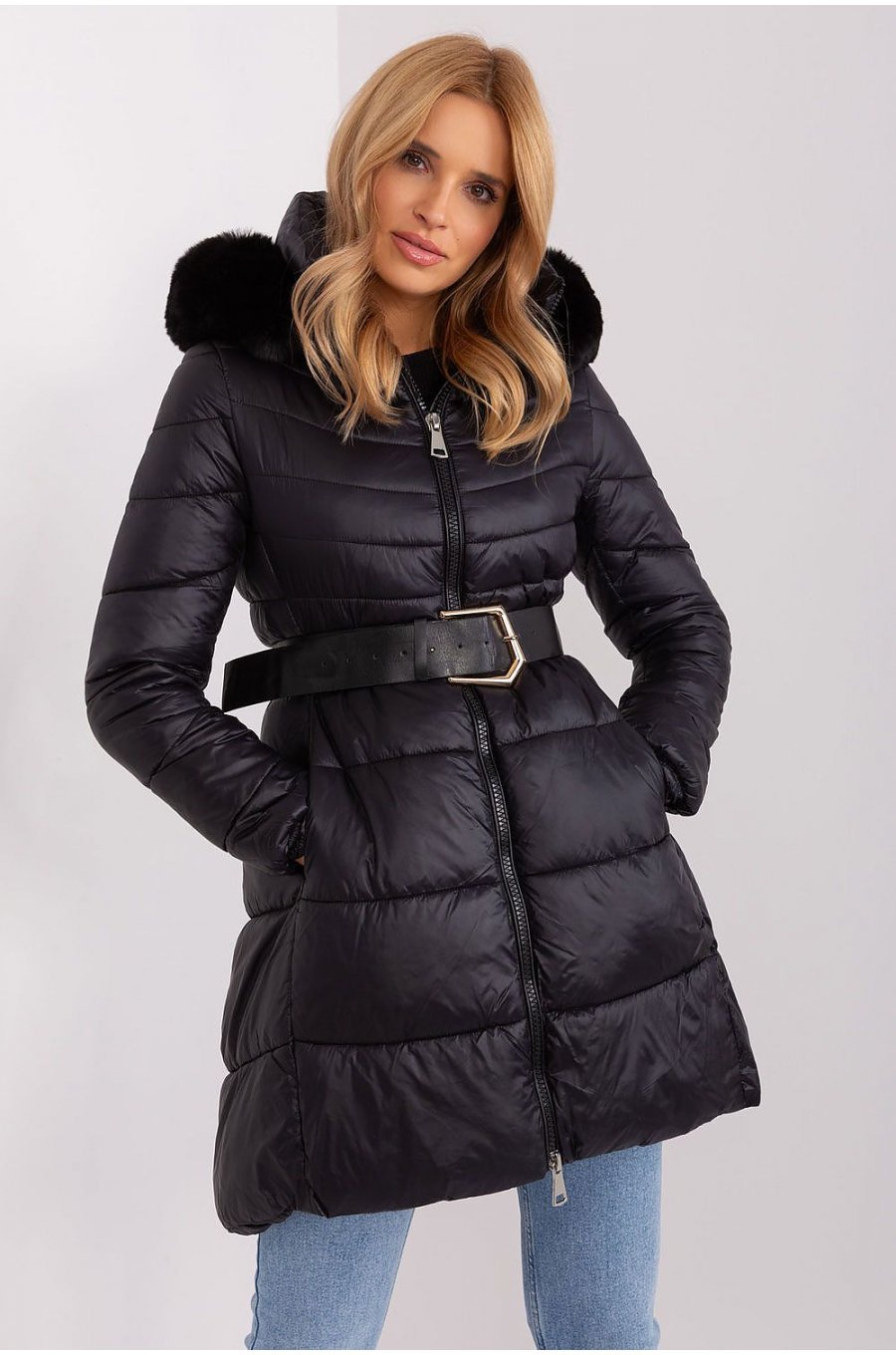 Geaca dama de iarna parka lunga, din nylon, neagra, matlasata, cu gluga si blanita, Siempre 3 - jojofashion.ro