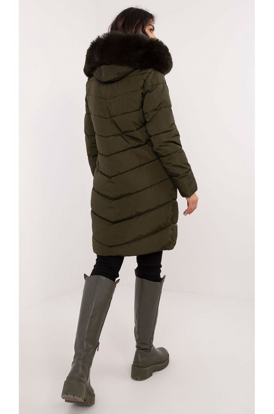 Geaca dama de iarna parka lunga, kaki, matlasata, cu gluga si blanita, Elina3 Geaca dama de iarna parka lunga, kaki, matlasata, cu gluga si blanita, Elina3 3 - jojofashion.ro
