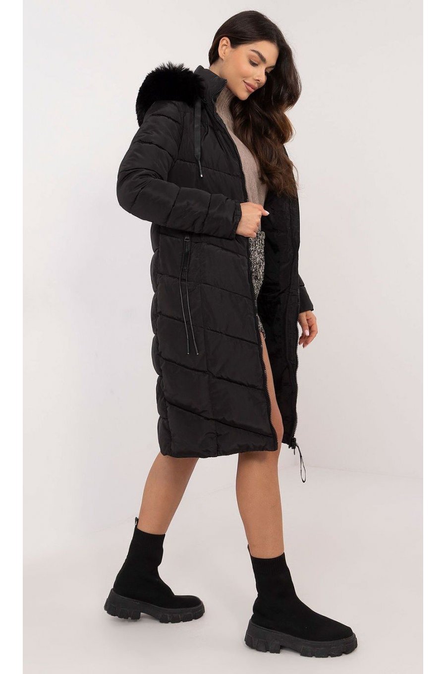 Geaca dama de iarna parka lunga neagra cu gluga si blana eco, Aresha1 Geaca dama de iarna parka lunga neagra cu gluga si blana eco, Aresha1 2 - jojofashion.ro