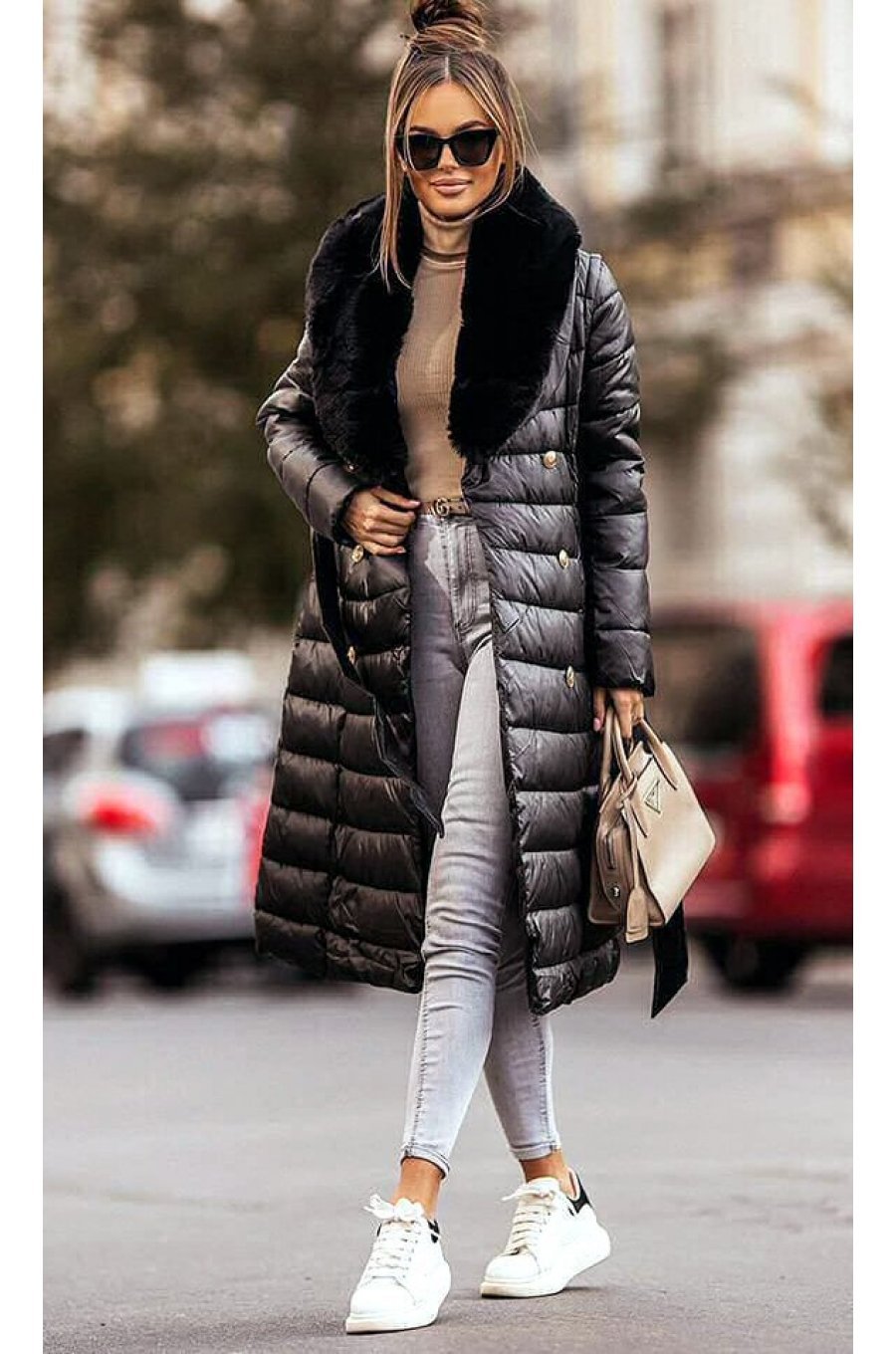 Geaca dama de iarna parka, lunga, neagra, din fas, cu guler din blana eco, Dasha 2 - jojofashion.ro