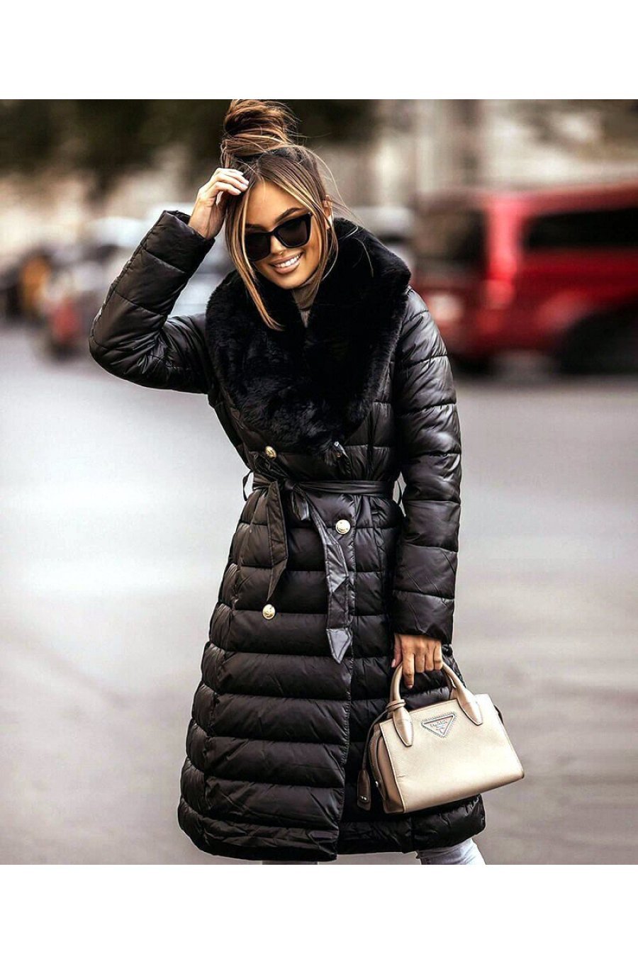 Geaca dama de iarna parka, lunga, neagra, din fas, cu guler din blana eco, Dasha 1 - jojofashion.ro