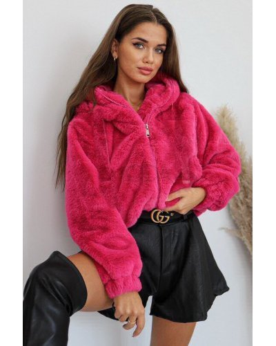 Geaca dama de iarna scurta, blana eco, roz fucsia, cu buzunare si gluga, Rosary Geci dama, Geaca dama de iarna scurta, blana eco, roz fucsia, cu buzunare si gluga, Rosary - jojofashion.ro