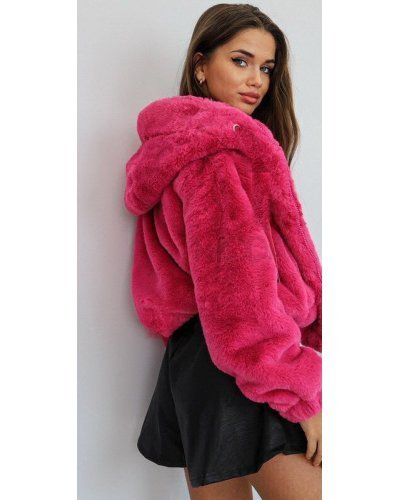 Geaca dama de iarna scurta, blana eco, roz fucsia, cu buzunare si gluga, Rosary Geci dama, Geaca dama de iarna scurta, blana eco, roz fucsia, cu buzunare si gluga, Rosary - jojofashion.ro