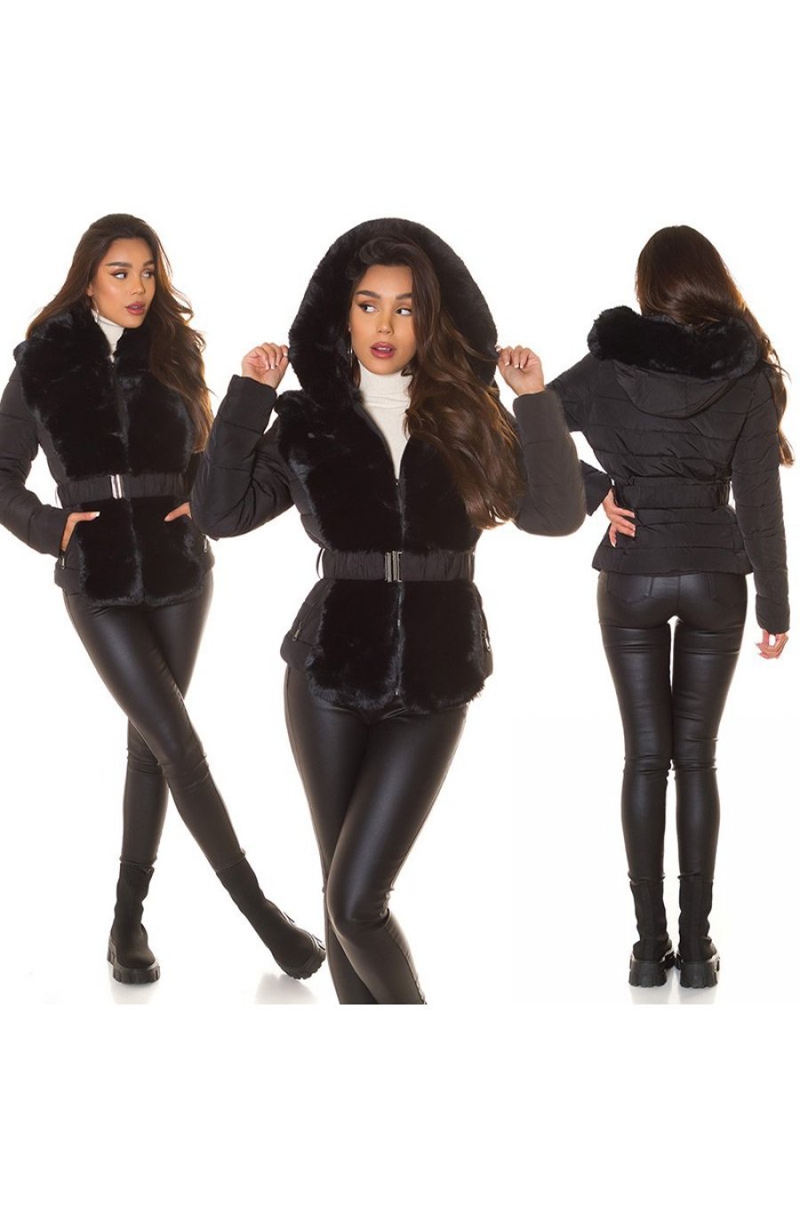 Geaca de iarna scurta, cu blana eco neagra si gluga, Irenka Geaca de iarna scurta, cu blana eco neagra si gluga, Irenka 7 - jojofashion.ro