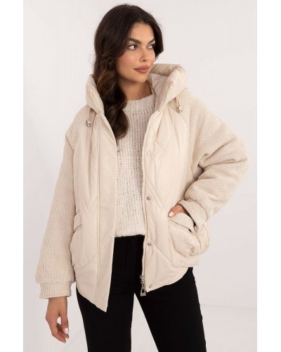 Geaca dama de iarna scurta, cu maneci din catifea, bej, matlasata, Franky Geci dama, Geaca dama de iarna scurta, cu maneci din catifea, bej, matlasata, Franky - jojofashion.ro