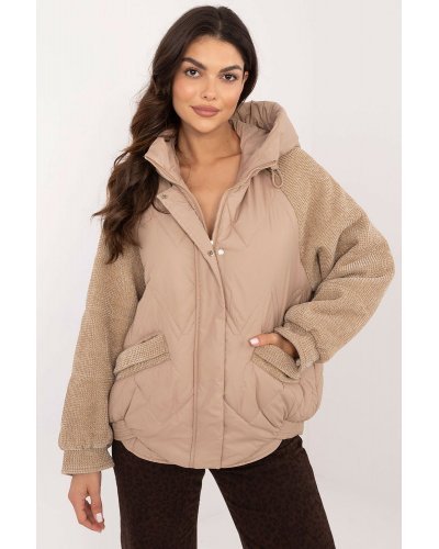 Geaca dama de iarna scurta, cu maneci din catifea, cappuccino, matlasata, Franky1 Geci dama, Geaca dama de iarna scurta, cu maneci din catifea, cappuccino, matlasata, Franky1 - jojofashion.ro