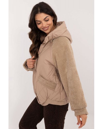 Geaca dama de iarna scurta, cu maneci din catifea, cappuccino, matlasata, Franky1 Geci dama, Geaca dama de iarna scurta, cu maneci din catifea, cappuccino, matlasata, Franky1 - jojofashion.ro