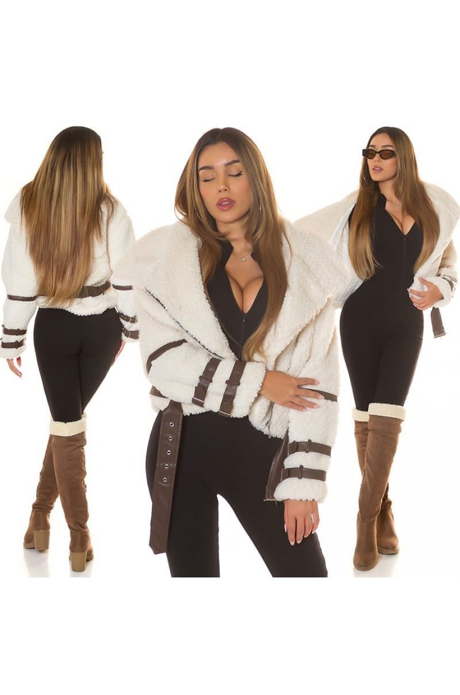 Geaca dama de iarna scurta, din blana eco, crem, Chimera 5 - jojofashion.ro
