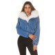 Geaca dama de iarna scurta, din denim, albastra, cu gluga si blana eco alba, Libbie 2 - jojofashion.ro