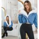Geaca dama de iarna scurta, din denim, albastra, cu gluga si blana eco alba, Libbie 6 - jojofashion.ro
