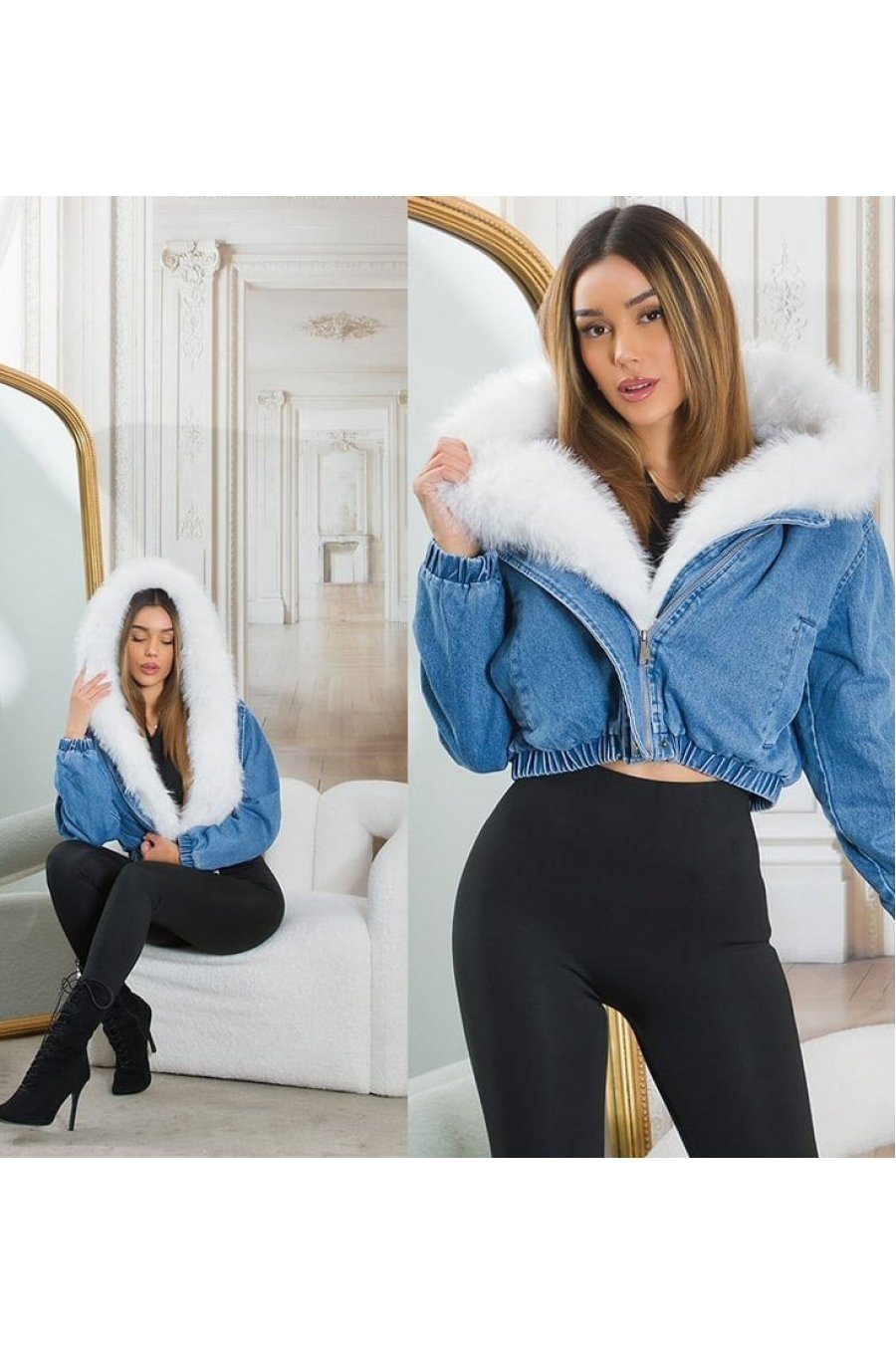 Geaca dama de iarna scurta, din denim, albastra, cu gluga si blana eco alba, Libbie 5 - jojofashion.ro