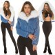 Geaca dama de iarna scurta, din denim, albastra, cu gluga si blana eco alba, Libbie 7 - jojofashion.ro