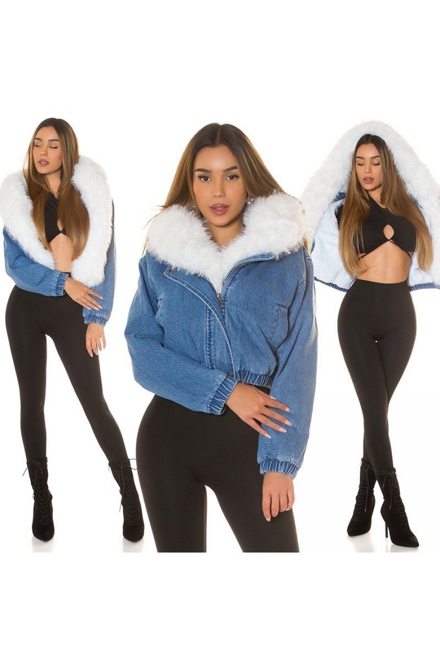 Geaca dama de iarna scurta, din denim, albastra, cu gluga si blana eco alba, Libbie 6 - jojofashion.ro