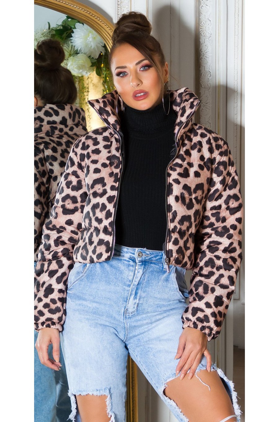 Geaca dama de iarna scurta, din nylon, leopard print, bomber, crop, Esmeray 1 - jojofashion.ro
