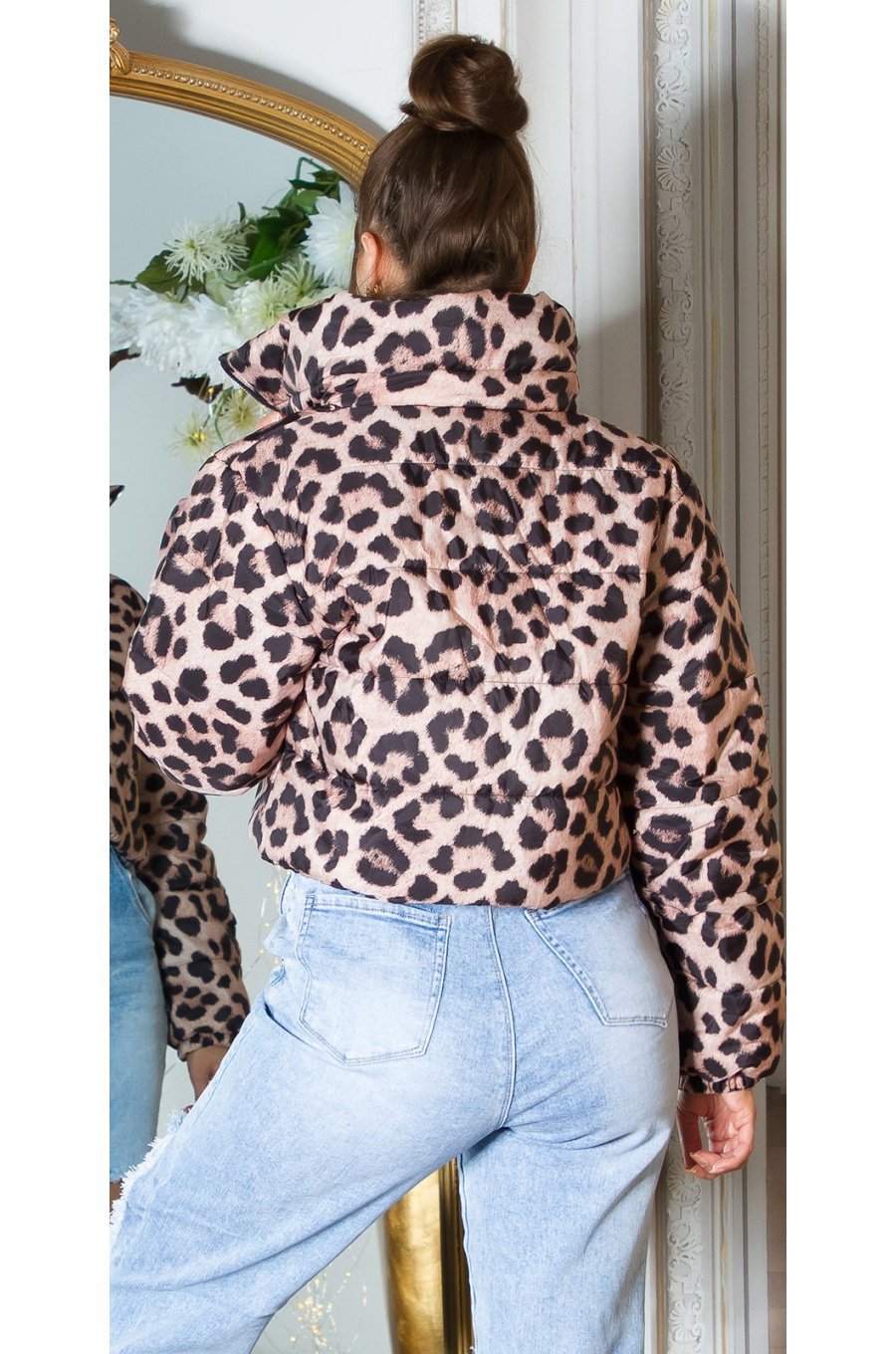 Geaca dama de iarna scurta, din nylon, leopard print, bomber, crop, Esmeray 2 - jojofashion.ro