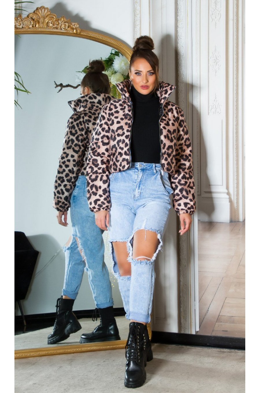 Geaca dama de iarna scurta, din nylon, leopard print, bomber, crop, Esmeray 3 - jojofashion.ro
