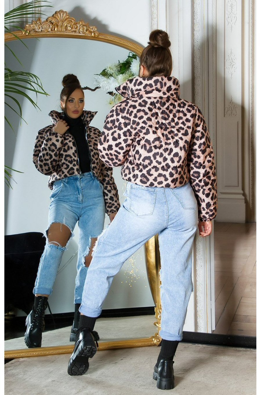 Geaca dama de iarna scurta, din nylon, leopard print, bomber, crop, Esmeray 5 - jojofashion.ro
