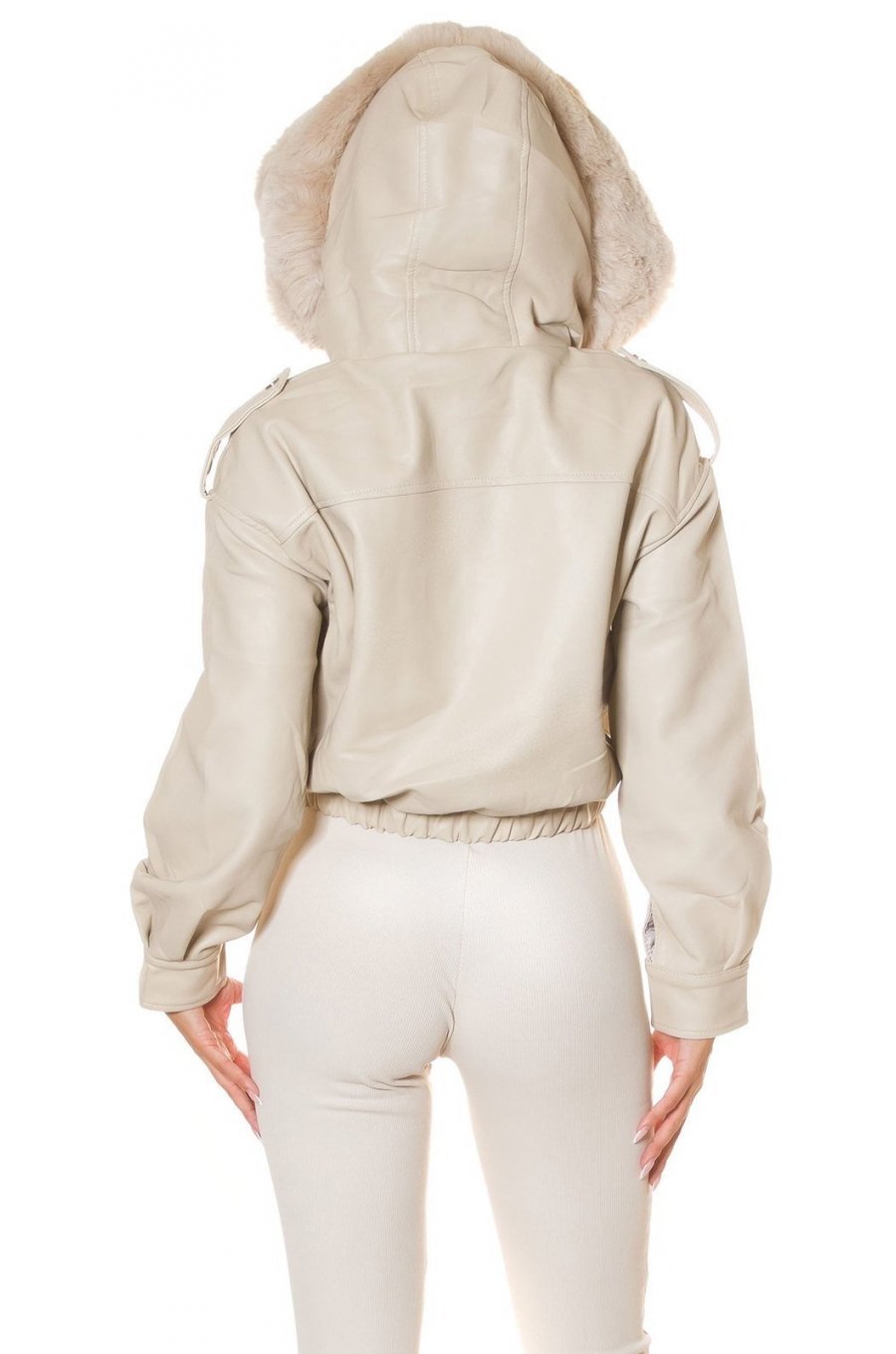 Geaca dama de iarna scurta, din piele eco bej, cu gluga si blana, Almena Geaca dama de iarna scurta, din piele eco bej, cu gluga si blana, Almena 4 - jojofashion.ro
