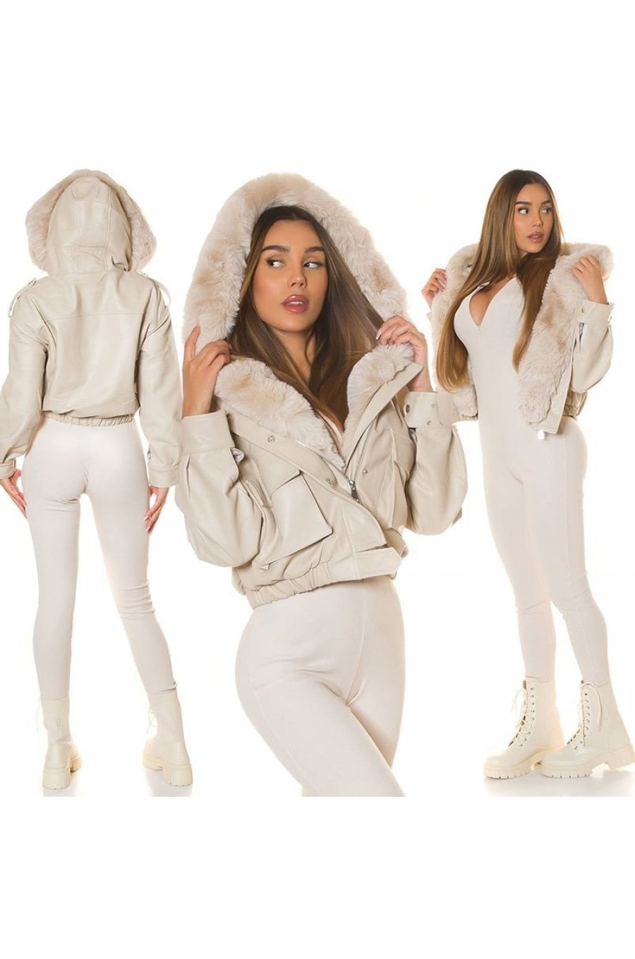 Geaca dama de iarna scurta, din piele eco bej, cu gluga si blana, Almena Geaca dama de iarna scurta, din piele eco bej, cu gluga si blana, Almena 5 - jojofashion.ro