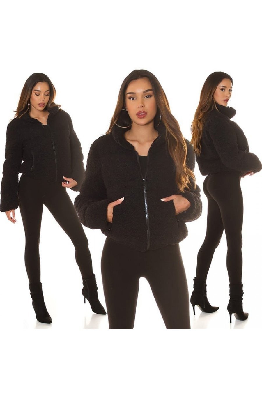Geaca dama de iarna scurta, imitatie blana neagra, TeddyGirl 7 - jojofashion.ro