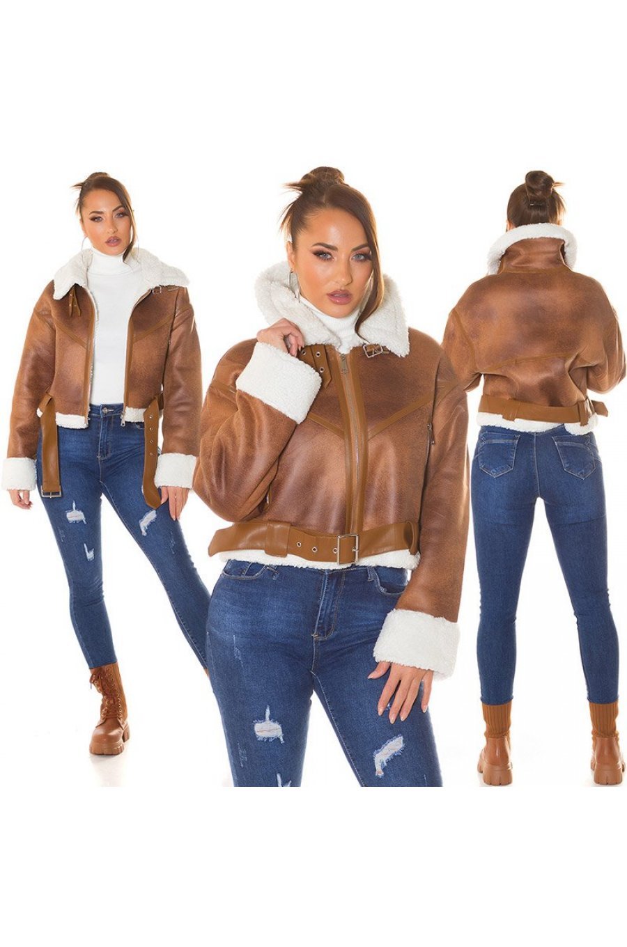 Geaca dama de iarna scurta, imitatie piele de caprioara, maro, cu blana alba, Kirstin 8 - jojofashion.ro
