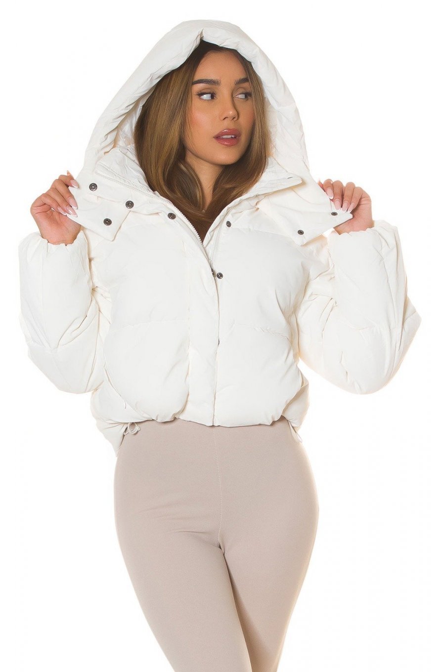 Geaca dama de iarna, scurta, matlasata, alba, cu gluga, Minnie Geaca dama de iarna, scurta, matlasata, alba, cu gluga, Minnie 1 - jojofashion.ro