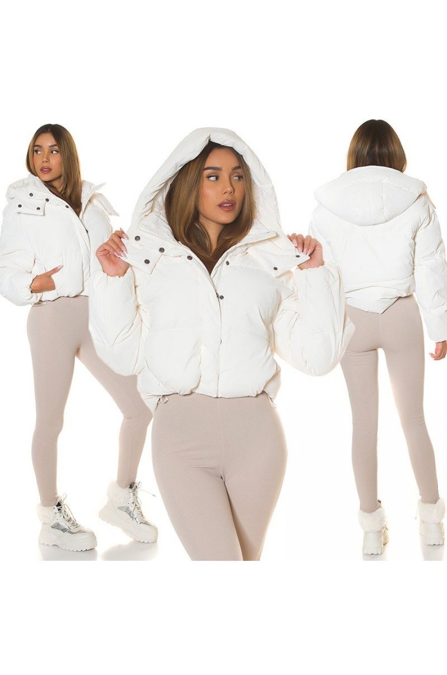 Geaca dama de iarna, scurta, matlasata, alba, cu gluga, Minnie Geaca dama de iarna, scurta, matlasata, alba, cu gluga, Minnie 5 - jojofashion.ro