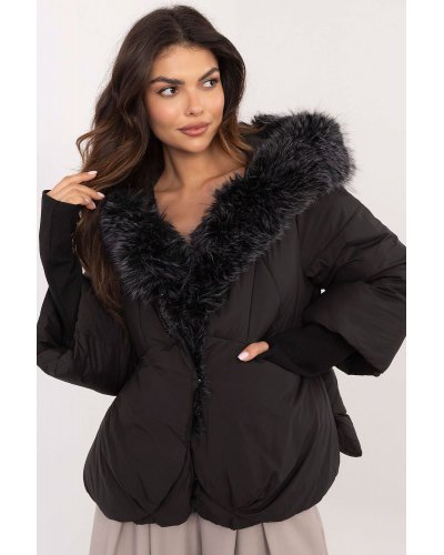 Geaca dama de iarna, scurta, matlasata, neagra, cu gluga si blanita, Aaralyn Geci dama, Geaca dama de iarna, scurta, matlasata, neagra, cu gluga si blanita, Aaralyn - jojofashion.ro