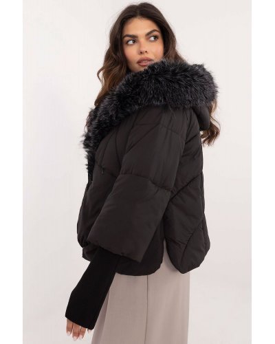 Geaca dama de iarna, scurta, matlasata, neagra, cu gluga si blanita, Aaralyn Geci dama, Geaca dama de iarna, scurta, matlasata, neagra, cu gluga si blanita, Aaralyn - jojofashion.ro