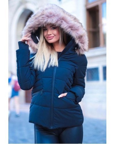 Geaca dama de iarna scurta, neagra, matlasata, cambrata, cu gluga si blanita roz, Pinky Geci dama, Geaca dama de iarna scurta, neagra, matlasata, cambrata, cu gluga si blanita roz, Pinky - jojofashion.ro