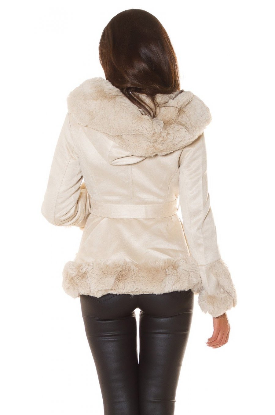 Geaca dama de iarna, scurta, piele eco bej, cu gluga si blanita, Musse 2 - jojofashion.ro