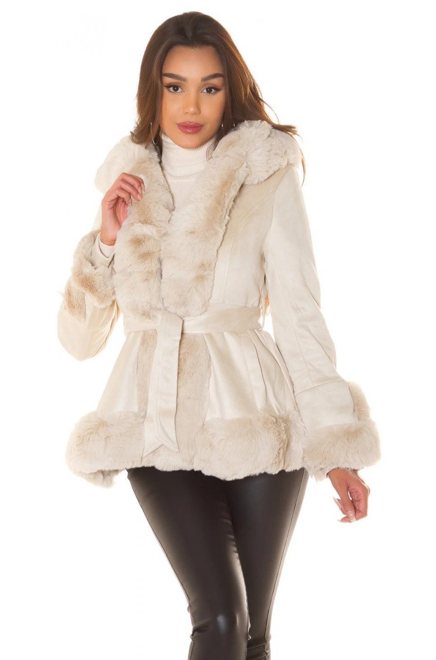 Geaca dama de iarna, scurta, piele eco bej, cu gluga si blanita, Musse 3 - jojofashion.ro