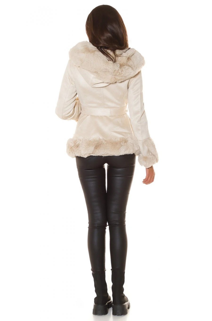 Geaca dama de iarna, scurta, piele eco bej, cu gluga si blanita, Musse 5 - jojofashion.ro