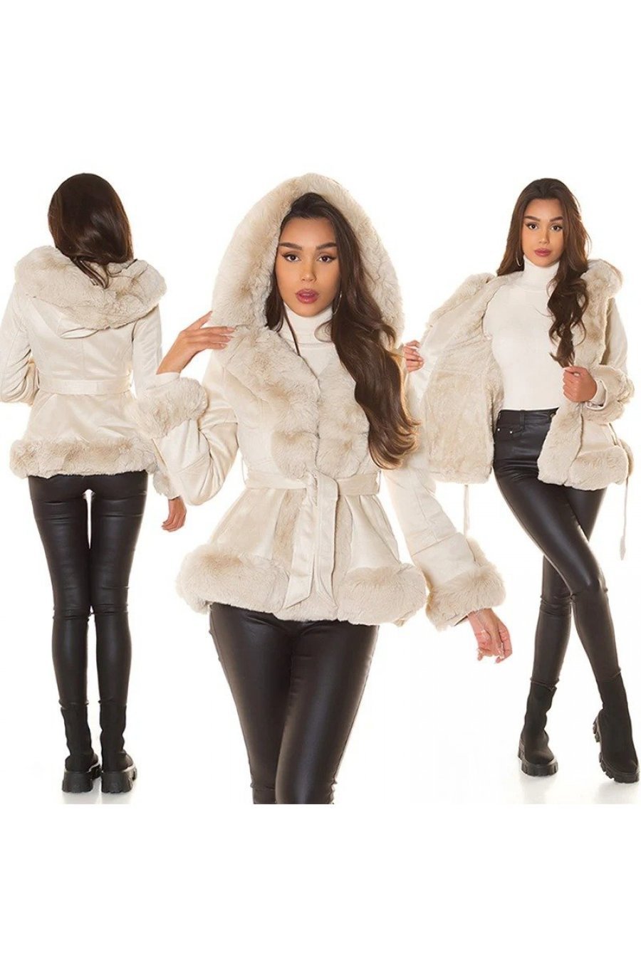 Geaca dama de iarna, scurta, piele eco bej, cu gluga si blanita, Musse 7 - jojofashion.ro