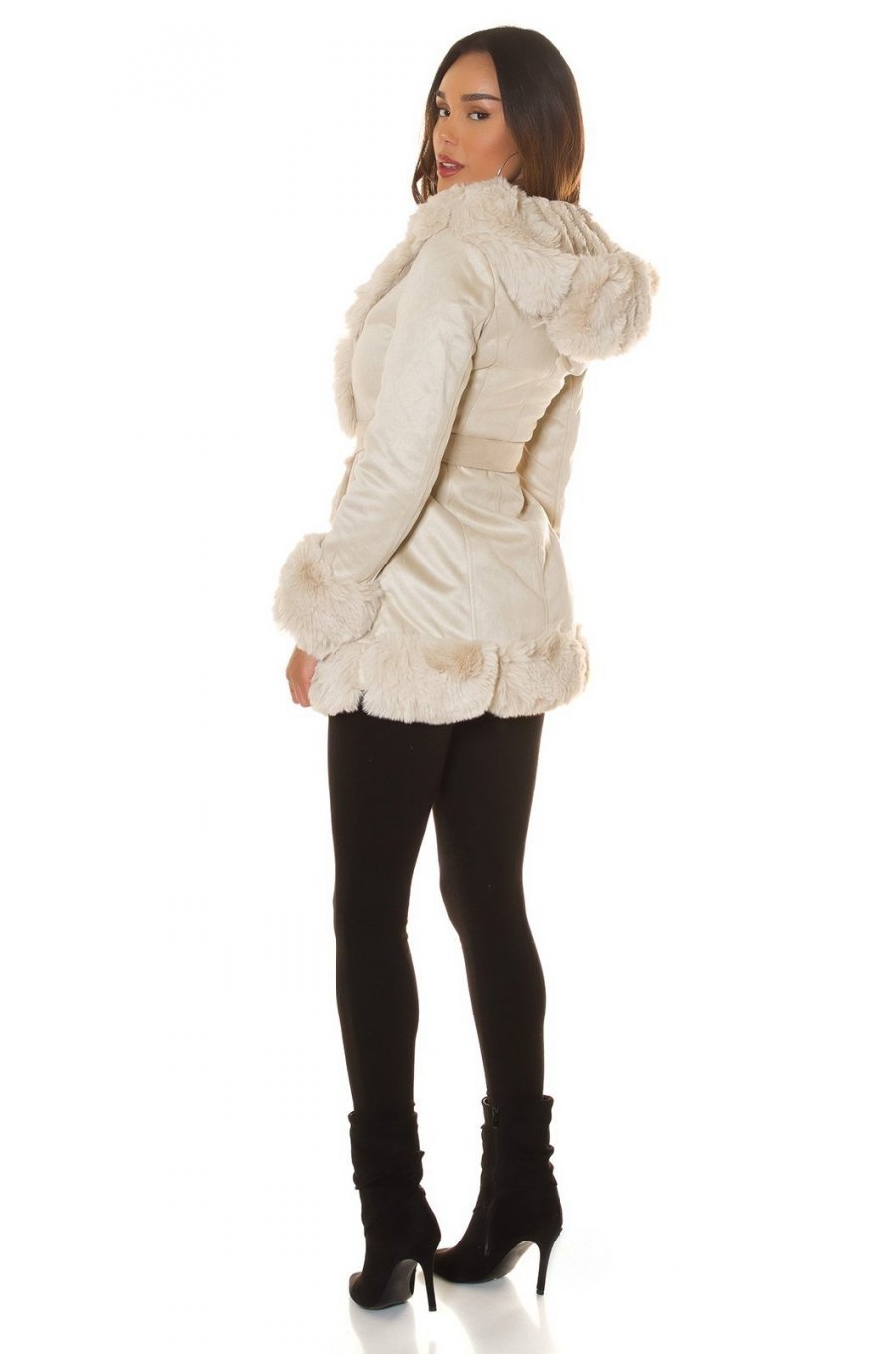 Geaca dama de iarna scurta, piele eco intoarsa, bej, cu gluga, Jaya 4 - jojofashion.ro