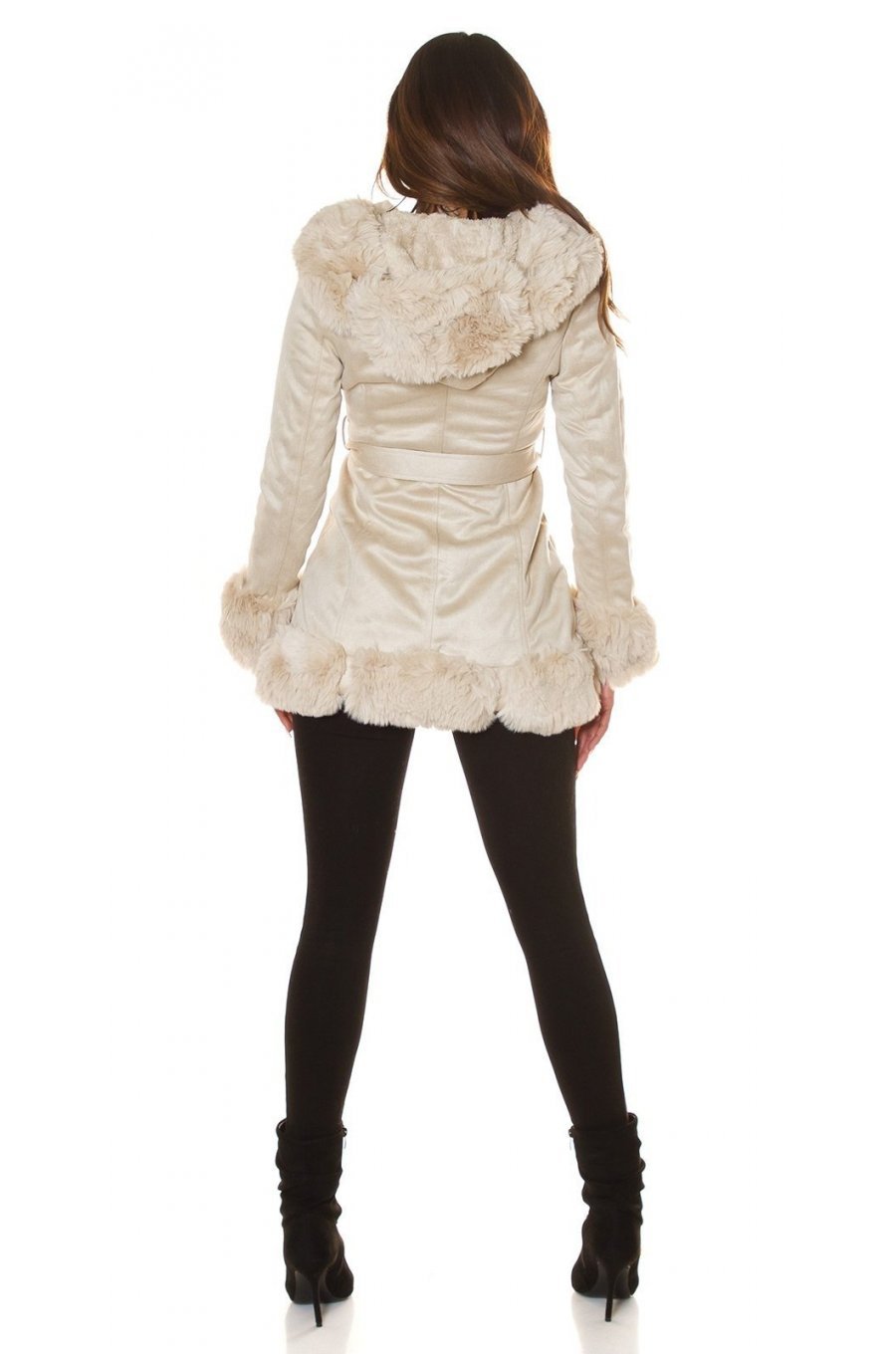 Geaca dama de iarna scurta, piele eco intoarsa, bej, cu gluga, Jaya 7 - jojofashion.ro