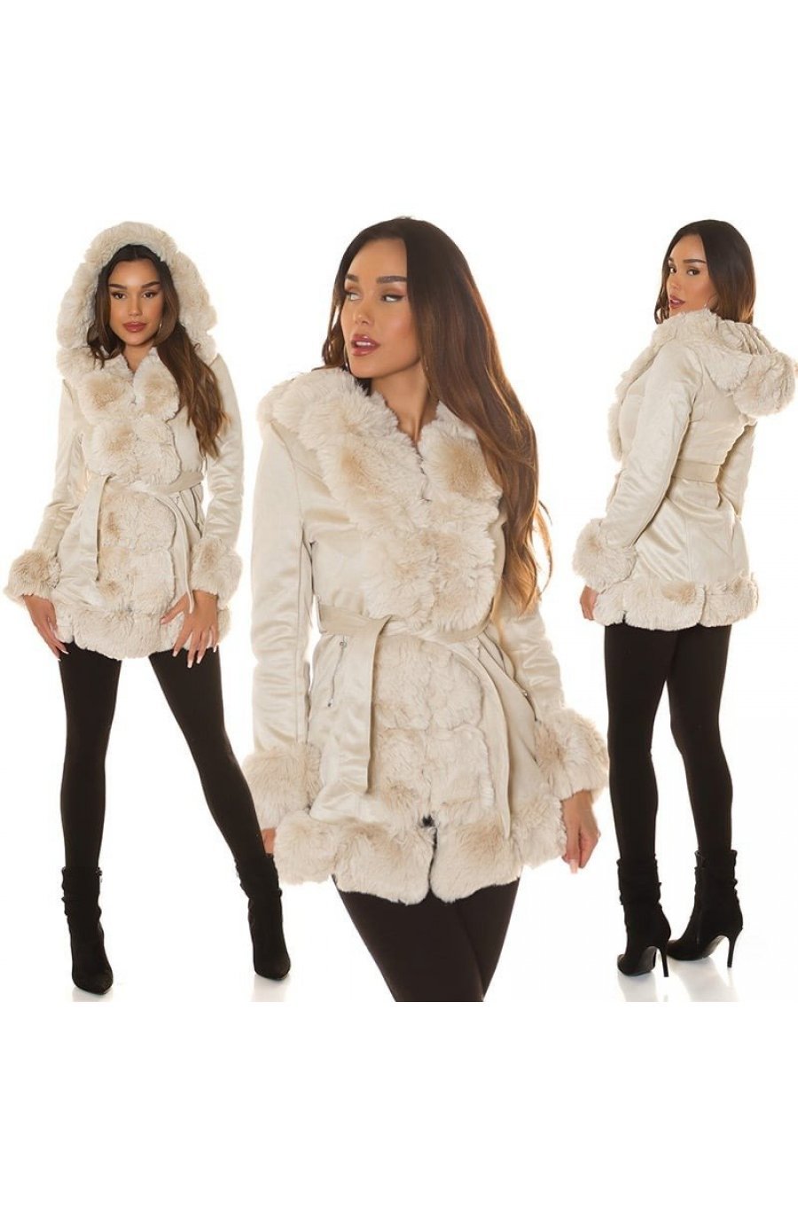 Geaca dama de iarna scurta, piele eco intoarsa, bej, cu gluga, Jaya 8 - jojofashion.ro