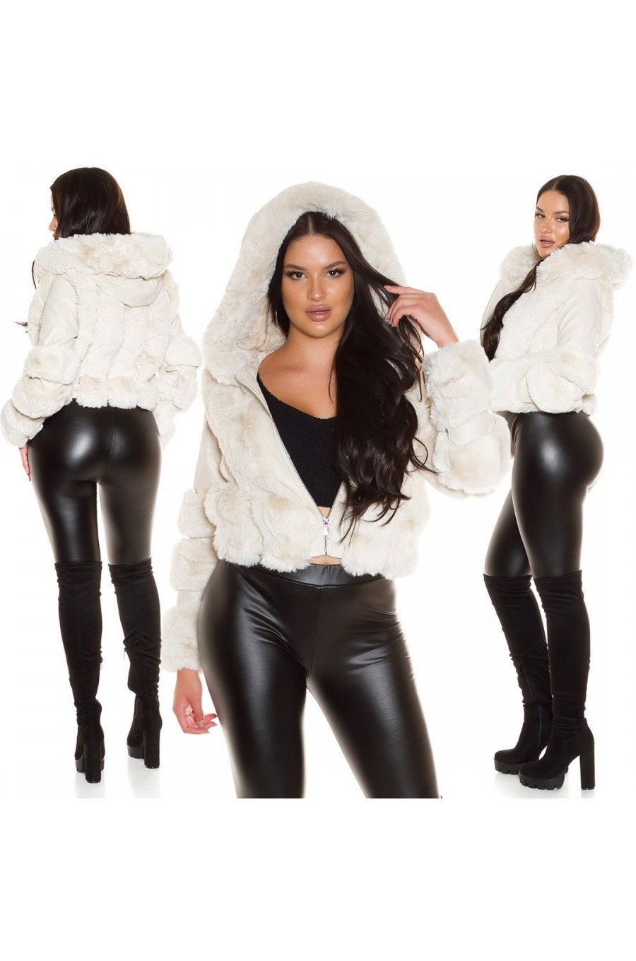 Geaca dama de iarna, scurta, piele si blana eco bej, cu gluga, Asgerda Geaca dama de iarna, scurta, piele si blana eco bej, cu gluga, Asgerda 7 - jojofashion.ro