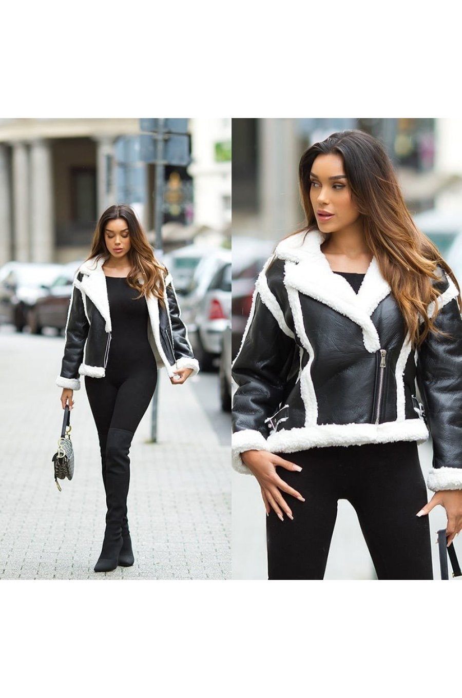 Geaca dama de iarna scurta, tip cojoc, piele eco neagra cu blana alba, Shana 3 - jojofashion.ro