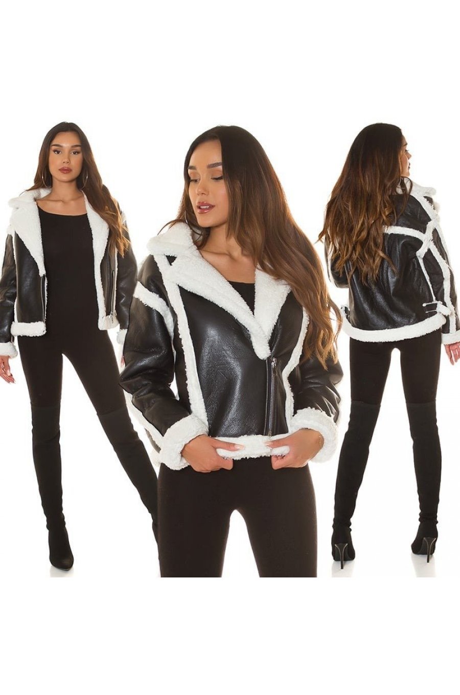 Geaca dama de iarna scurta, tip cojoc, piele eco neagra cu blana alba, Shana 5 - jojofashion.ro