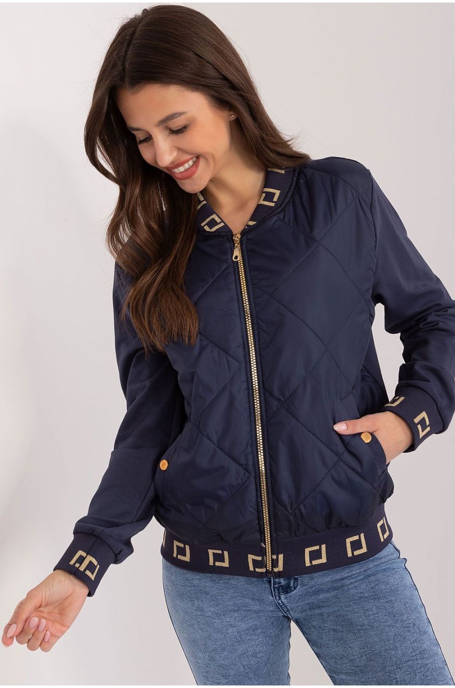 Geaca dama de primavara scurta, din bumbac si fas, bleumarin, matlasata, Bushra 1 - jojofashion.ro