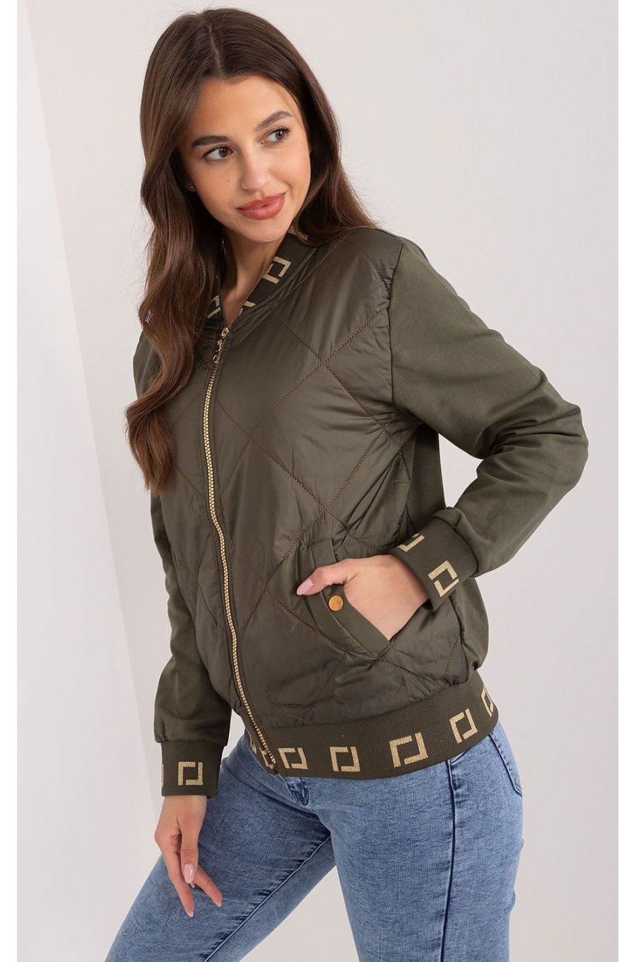 Geaca dama de primavara scurta, din bumbac si fas, kaki, matlasata, Bushra Geaca dama de primavara scurta, din bumbac si fas, kaki, matlasata, Bushra 2 - jojofashion.ro