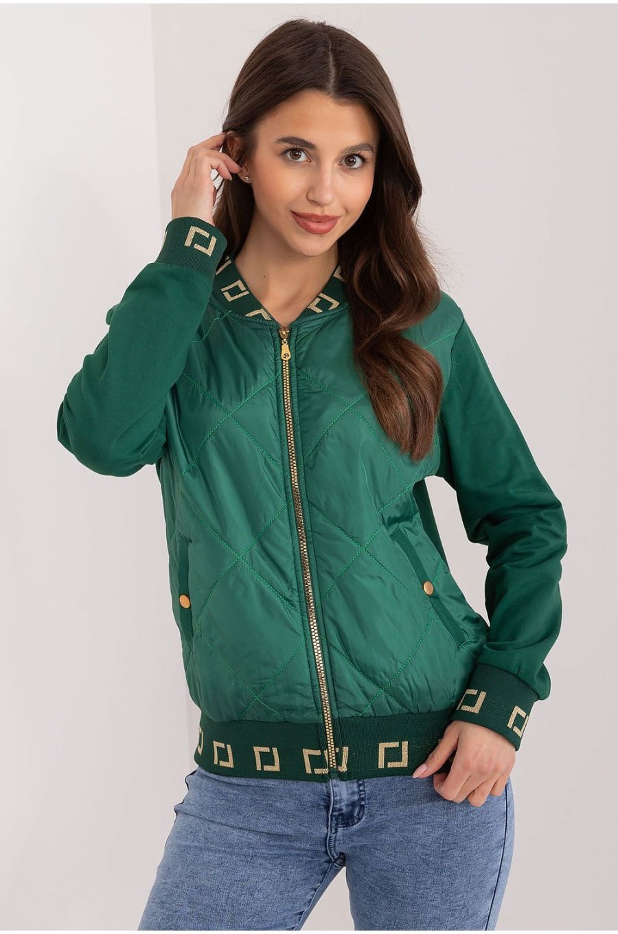 Geaca dama de primavara scurta, din bumbac si fas, verde, matlasata, Bushra 1 - jojofashion.ro