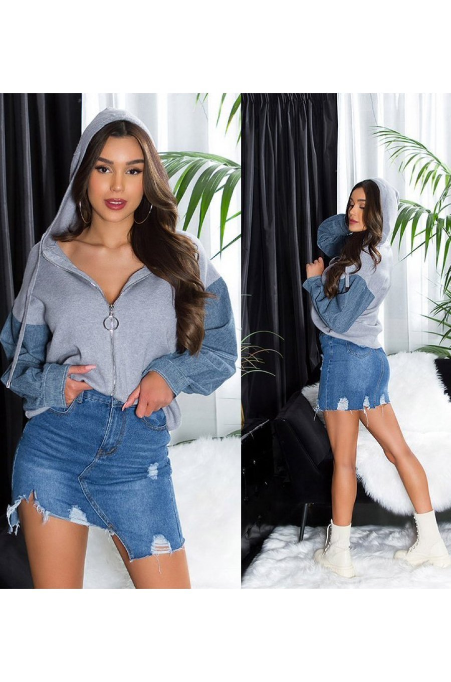 Geaca dama de primavara scurta, gri, cu gluga si maneca din blugi, Iuliana 6 - jojofashion.ro
