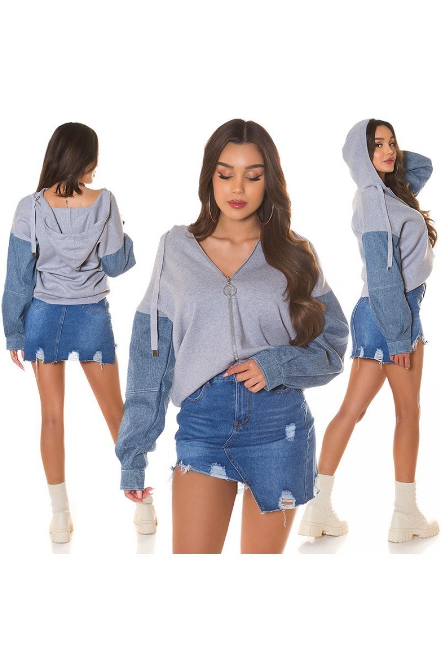 Geaca dama de primavara scurta, gri, cu gluga si maneca din blugi, Iuliana 7 - jojofashion.ro
