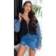 Geaca dama de primavara scurta, neagra, cu gluga si maneca din blugi, Iuliana 2 - jojofashion.ro
