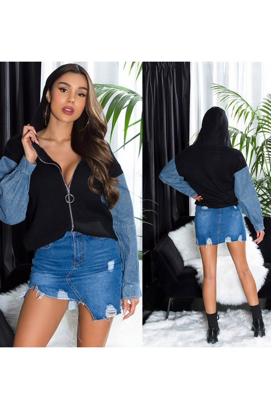 Geaca dama de primavara scurta, neagra, cu gluga si maneca din blugi, Iuliana 5 - jojofashion.ro