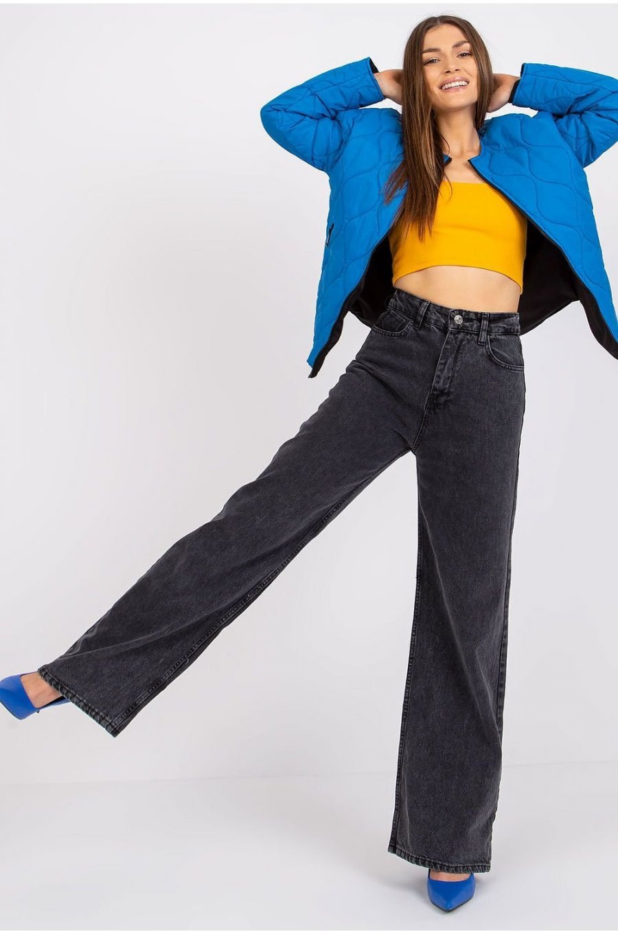Geaca dama de toamna, din fas, albastra, Anais Geaca dama de toamna, din fas, albastra, Anais 1 - jojofashion.ro